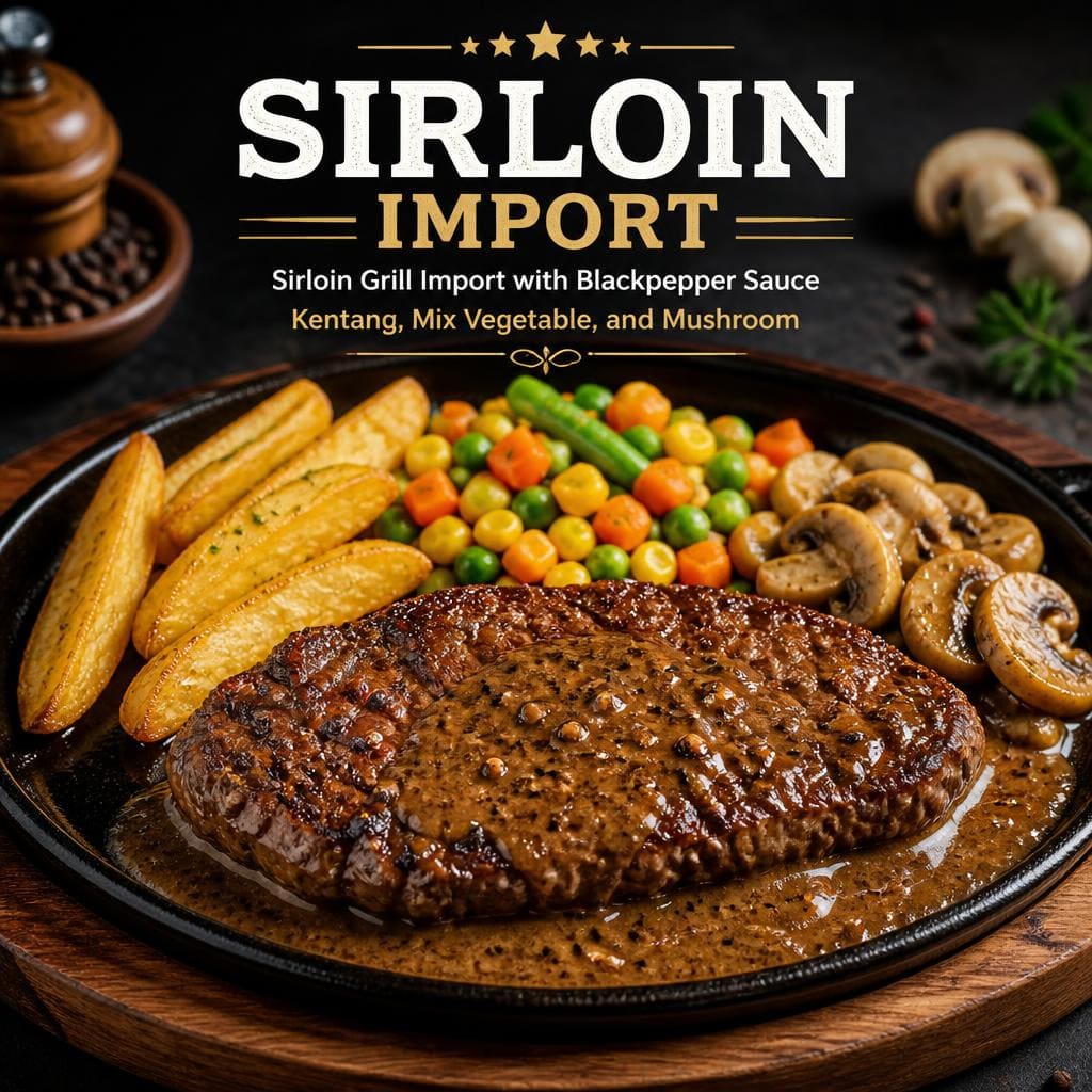 Sirloin Import dengan sirloin grill, blackpepper sauce, kentang, dan mix vegetable